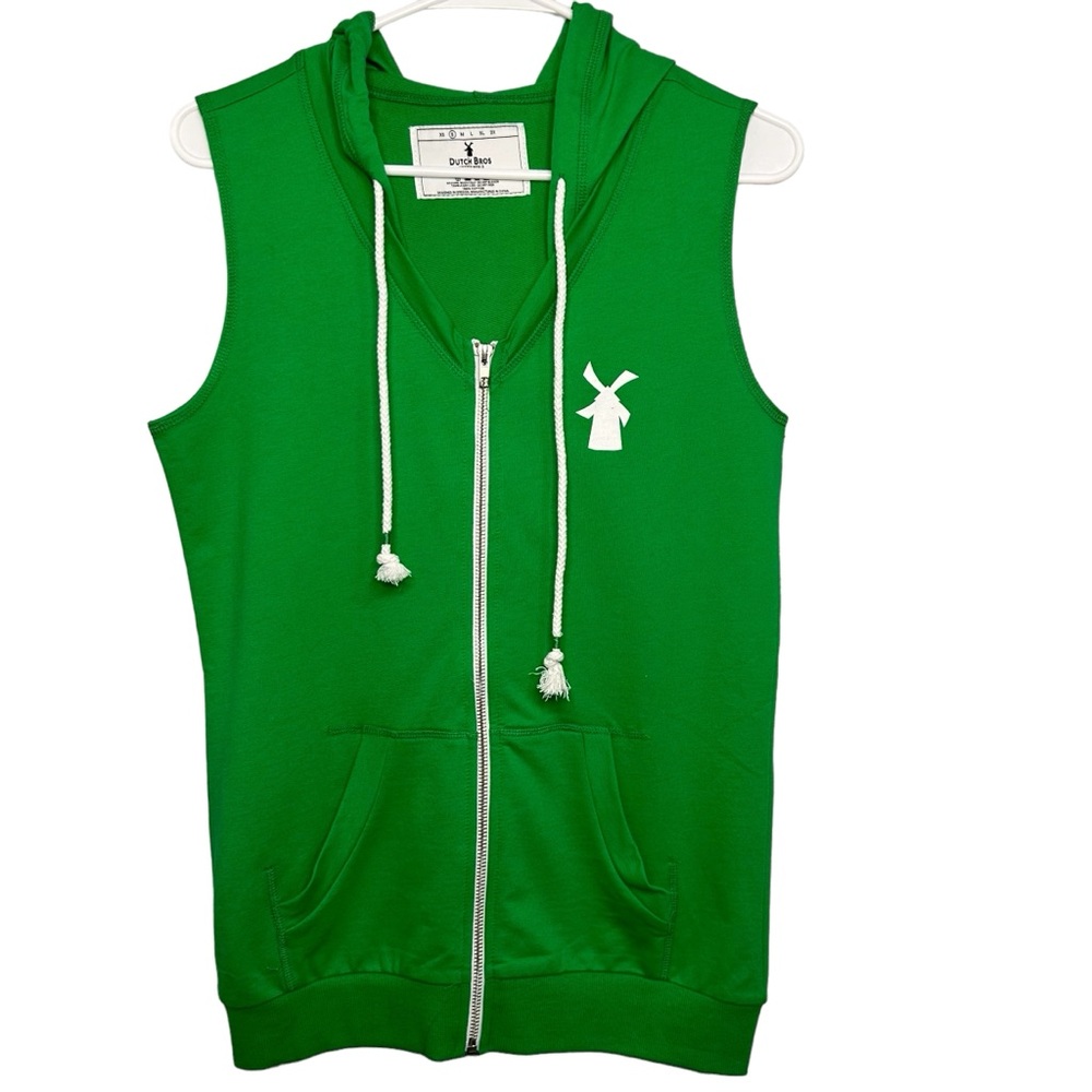 Dutch Bros Green Sleeveless Zip Up Hoodie SMALL Muscle Sweatshirt Vest CUTE 1992